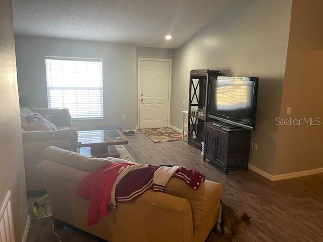 living room featuring hardwood / wood-style flooring, lofted ceiling, and a textured ceiling