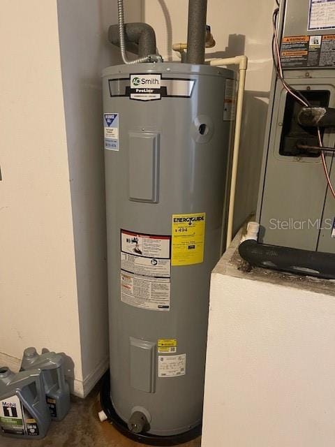 utility room with electric water heater and heating unit