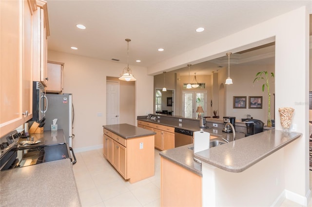 kitchen featuring a kitchen island, appliances with stainless steel finishes, hanging light fixtures, kitchen peninsula, and light brown cabinets