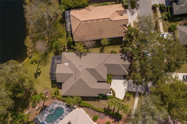 aerial view featuring a water view