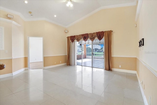 spare room featuring high vaulted ceiling and ornamental molding