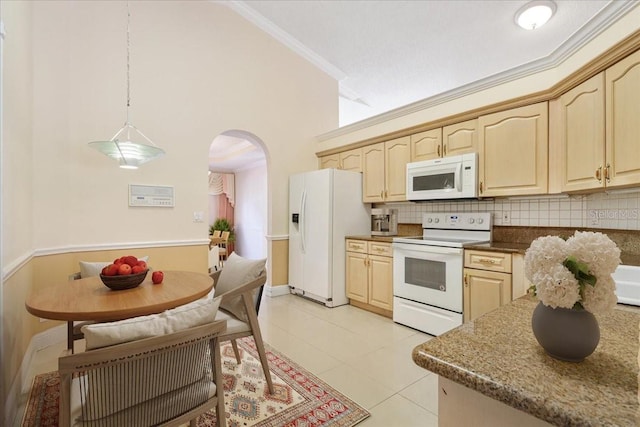 kitchen with crown molding, white appliances, tasteful backsplash, and light brown cabinets