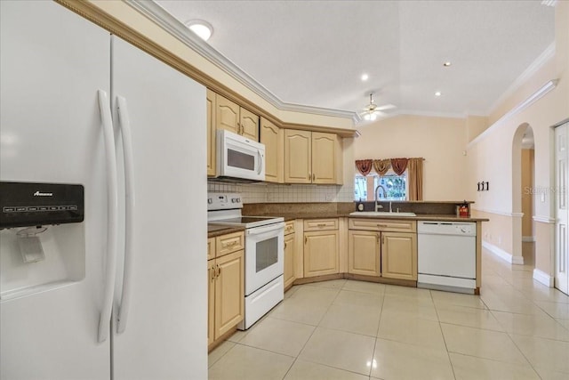 kitchen with light brown cabinetry, sink, kitchen peninsula, crown molding, and white appliances