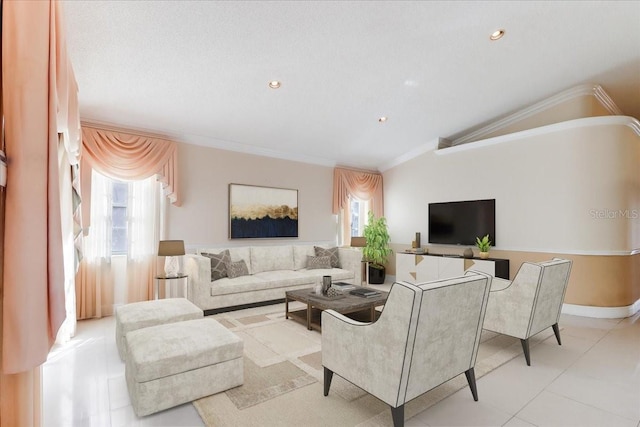 living room with crown molding and lofted ceiling