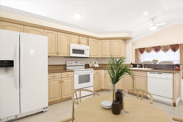 kitchen featuring light brown cabinetry, sink, backsplash, crown molding, and white appliances