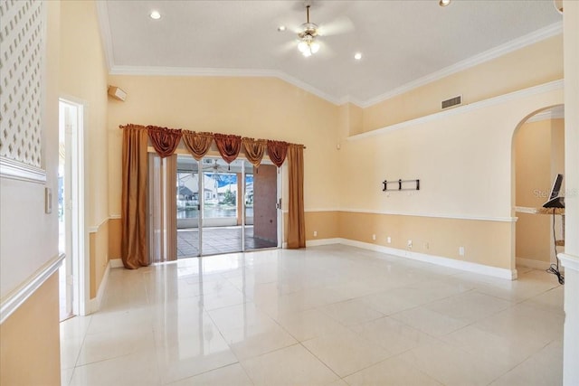 spare room with high vaulted ceiling, ornamental molding, and ceiling fan