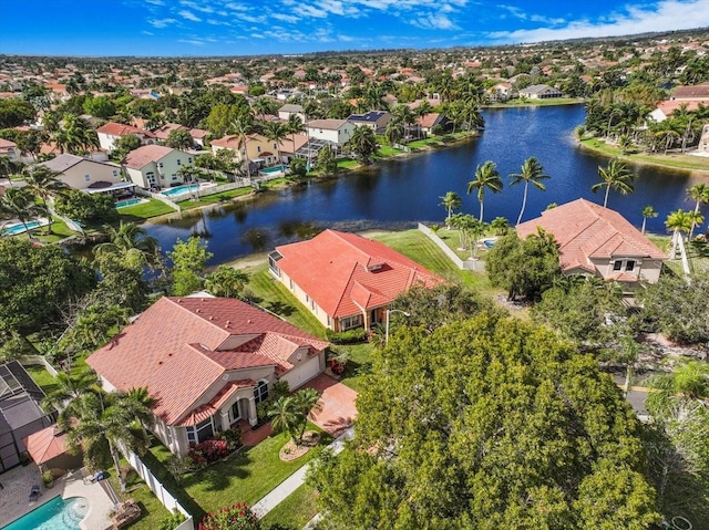 aerial view featuring a water view