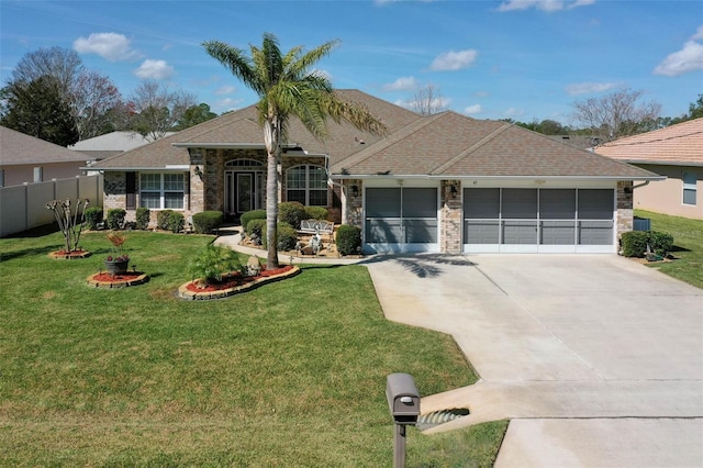 view of front of property with a shingled roof, concrete driveway, an attached garage, a front yard, and fence