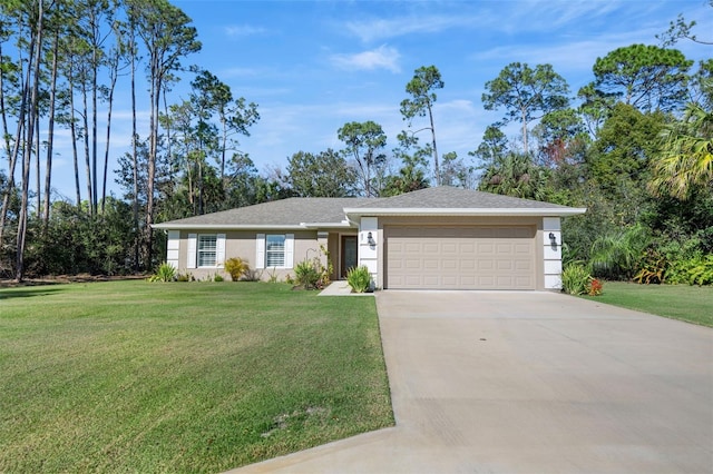 single story home featuring a garage and a front lawn