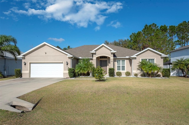 single story home featuring a garage and a front yard