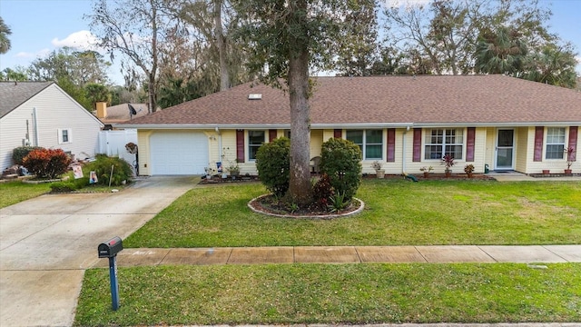 single story home featuring a garage and a front yard