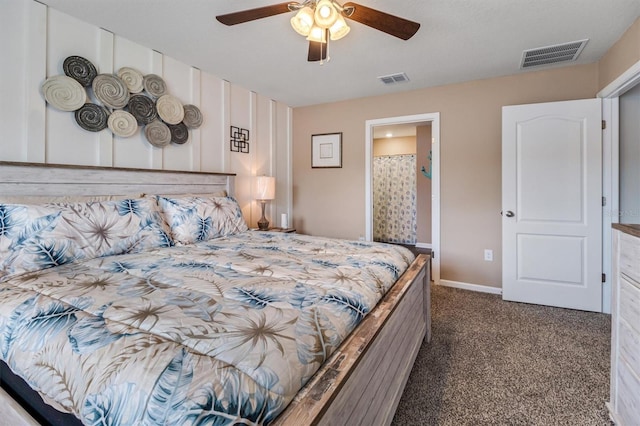 carpeted bedroom with ceiling fan