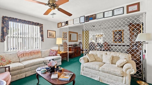 carpeted living room with ceiling fan