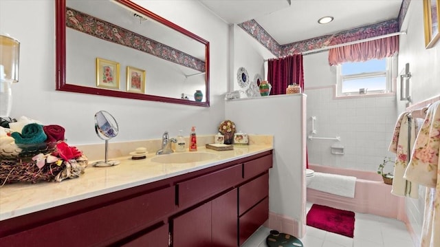 full bathroom featuring tile patterned flooring, shower / bath combo, vanity, and toilet