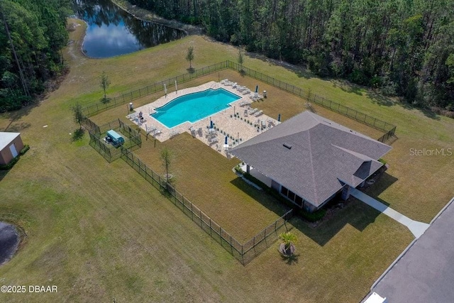 drone / aerial view with a water view