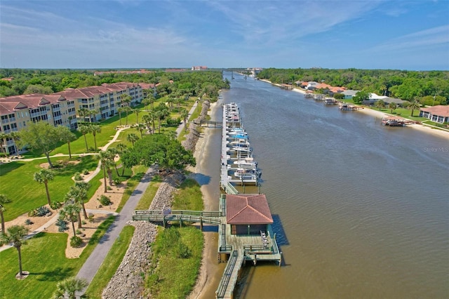 bird's eye view with a water view