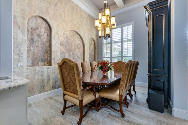 dining space with an inviting chandelier, coffered ceiling, and beamed ceiling