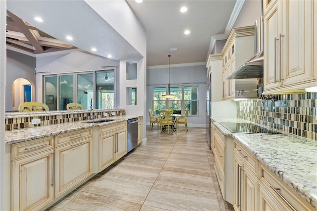 kitchen featuring dishwasher, sink, hanging light fixtures, coffered ceiling, and black electric cooktop