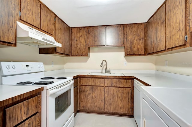 48 Club House Dr Unit 106, Palm Coast, FL 32137 - kitchen with light countertops, a sink, brown cabinets, under cabinet range hood, and white appliances