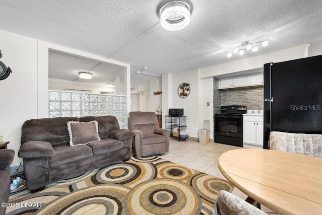 tiled living room featuring a textured ceiling