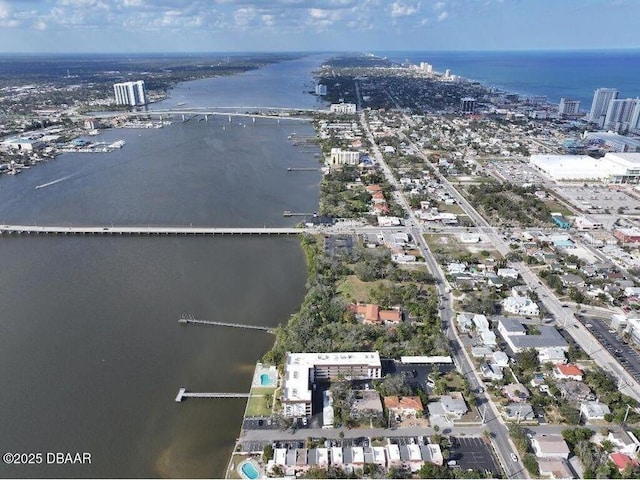 drone / aerial view with a water view