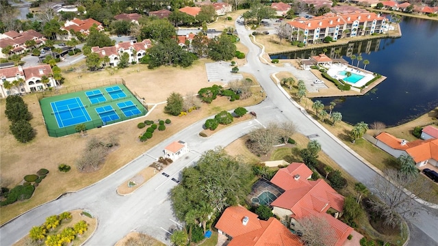 birds eye view of property featuring a water view