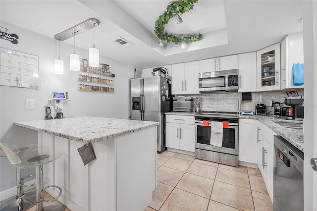 kitchen featuring white cabinetry, stainless steel appliances, a tray ceiling, light stone counters, and decorative backsplash