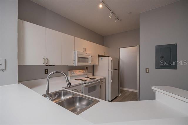 kitchen featuring sink, white appliances, rail lighting, dark hardwood / wood-style floors, and white cabinets