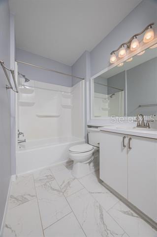 full bathroom with shower / tub combination, vanity, and toilet