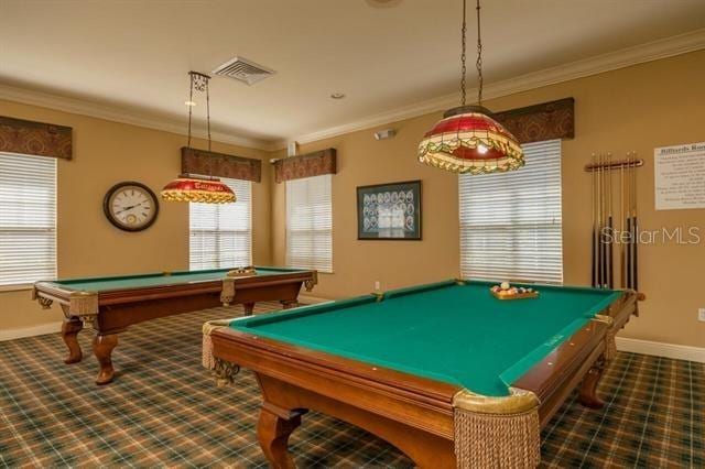 playroom with billiards, dark carpet, and ornamental molding