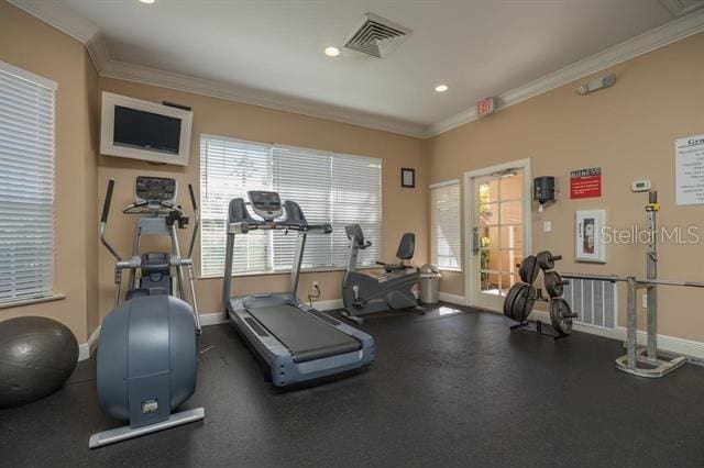 workout area featuring crown molding and plenty of natural light