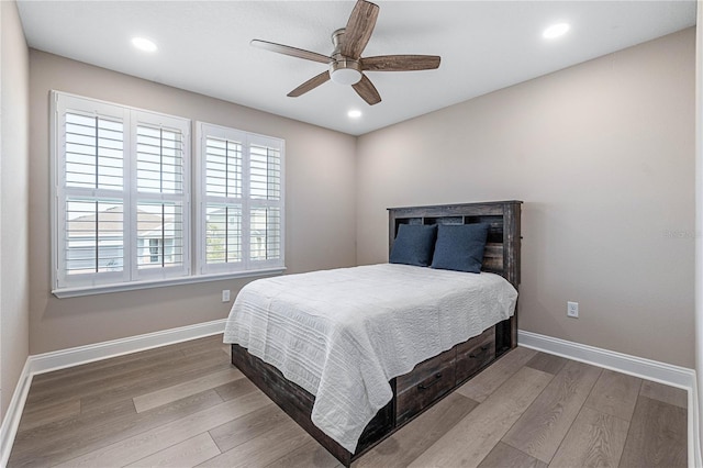 bedroom featuring multiple windows, wood finished floors, and baseboards