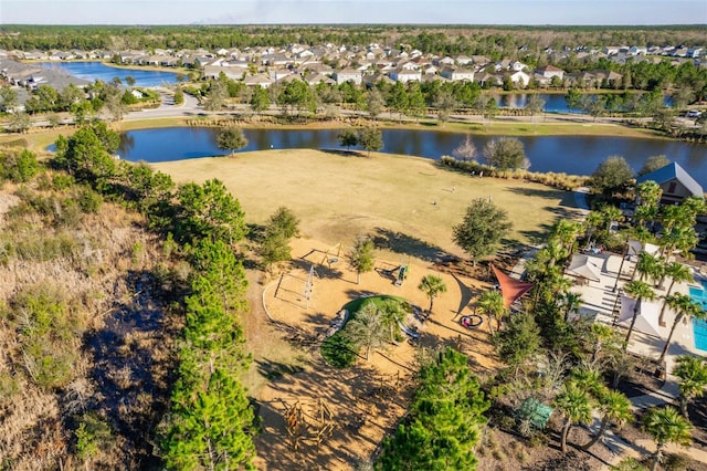 aerial view featuring a water view and a residential view