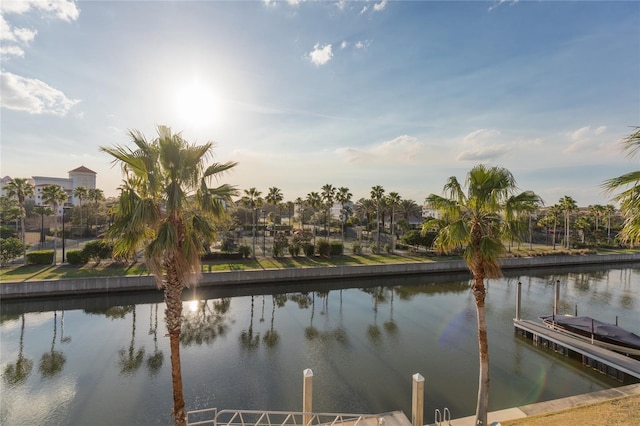 view of water feature with a dock