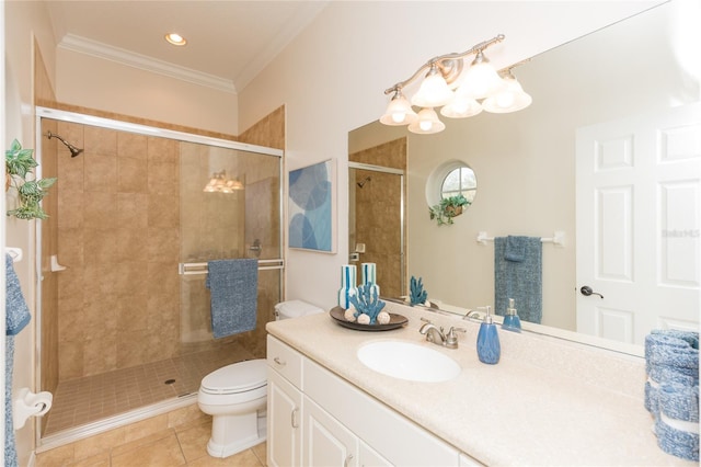 bathroom with a shower with door, tile patterned flooring, vanity, ornamental molding, and toilet