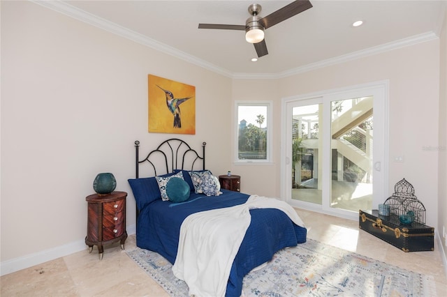 bedroom with crown molding, access to exterior, and ceiling fan