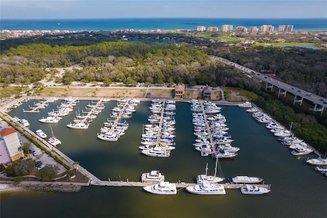 birds eye view of property featuring a water view