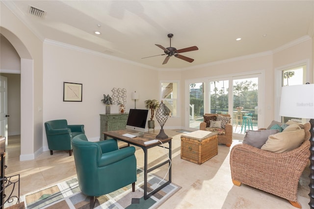 220 Harbor Village Pt N, Palm Coast, FL 32137 - living room featuring arched walkways, ceiling fan, visible vents, and crown molding