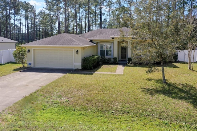 single story home with a front yard and a garage