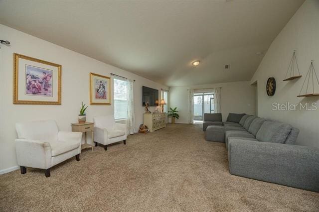 carpeted living room with vaulted ceiling