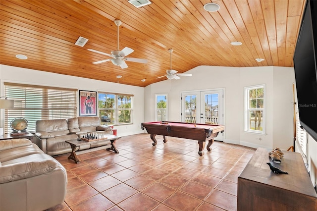 rec room with french doors, billiards, lofted ceiling, tile patterned floors, and wood ceiling