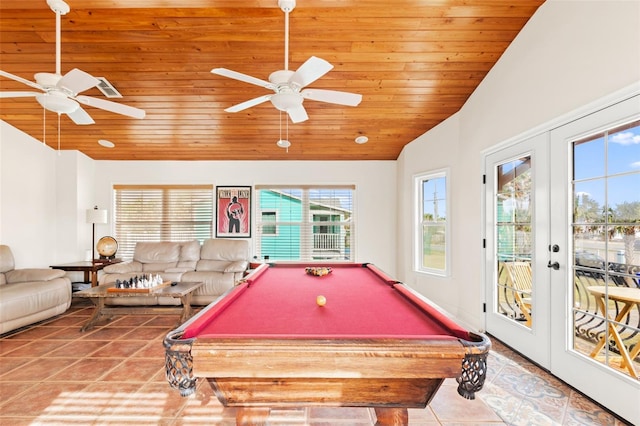 playroom featuring french doors, tile patterned floors, pool table, vaulted ceiling, and wooden ceiling