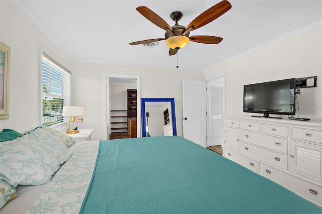 bedroom with crown molding, a walk in closet, and ceiling fan