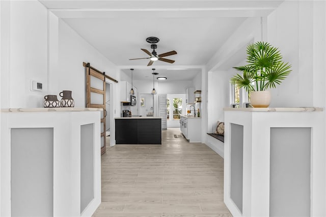 interior space featuring ceiling fan, a barn door, light hardwood / wood-style floors, and sink