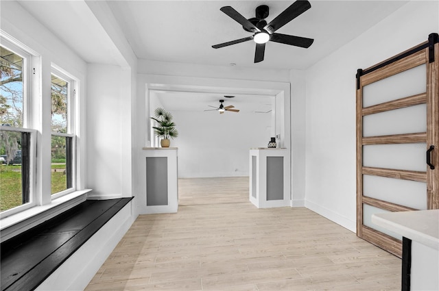 interior space featuring light hardwood / wood-style flooring, a barn door, and a healthy amount of sunlight