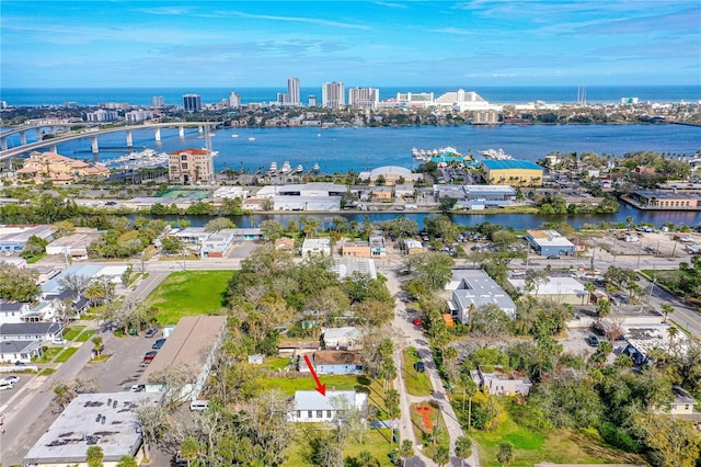 aerial view featuring a water view