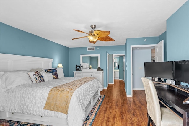 bedroom featuring dark hardwood / wood-style flooring and ceiling fan