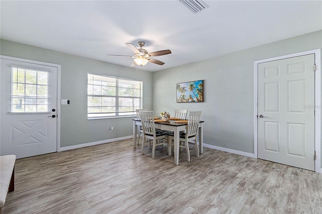 dining area with ceiling fan, light hardwood / wood-style flooring, and a healthy amount of sunlight