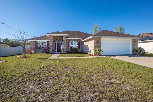 ranch-style house featuring an attached garage, brick siding, fence, driveway, and a front yard