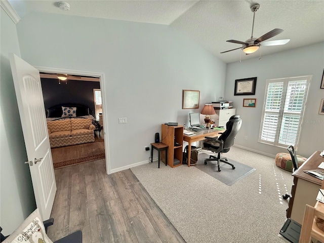 office space with baseboards, lofted ceiling, a textured ceiling, and wood finished floors